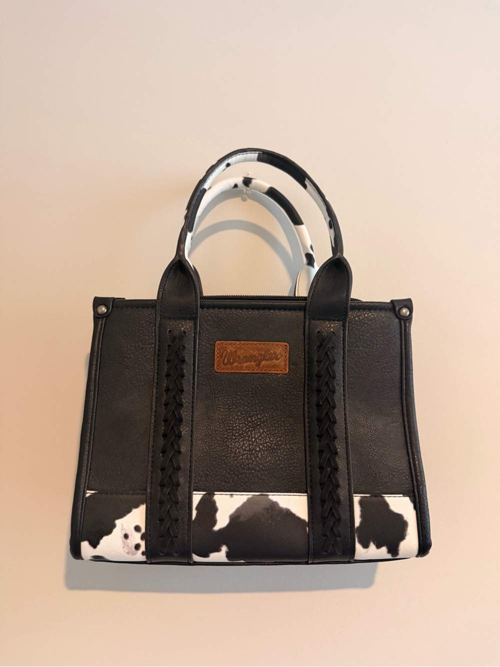 Wrangler Black & White Cow Print Satchel with Braided Straps